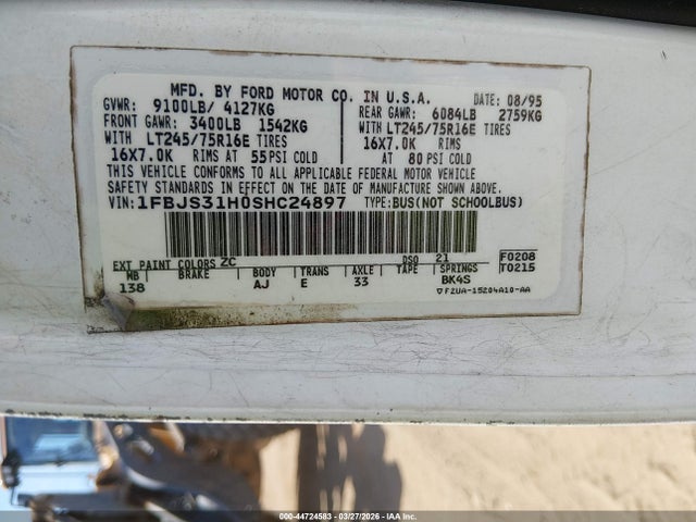 44724583 :رقم المزاد ، 1FBJS31H0SHC24897 vin ، 1995 Ford Econoline E350 Super Duty مزاد بيع