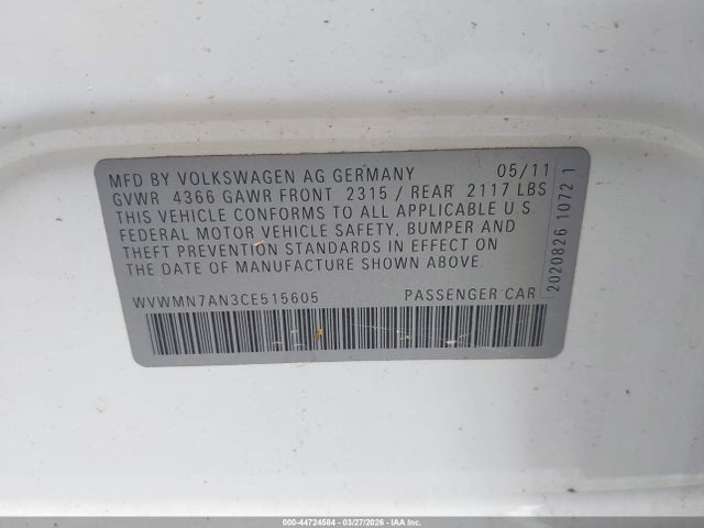 44724584 :رقم المزاد ، WVWMN7AN3CE515605 vin ، 2012 Volkswagen Cc Sport مزاد بيع