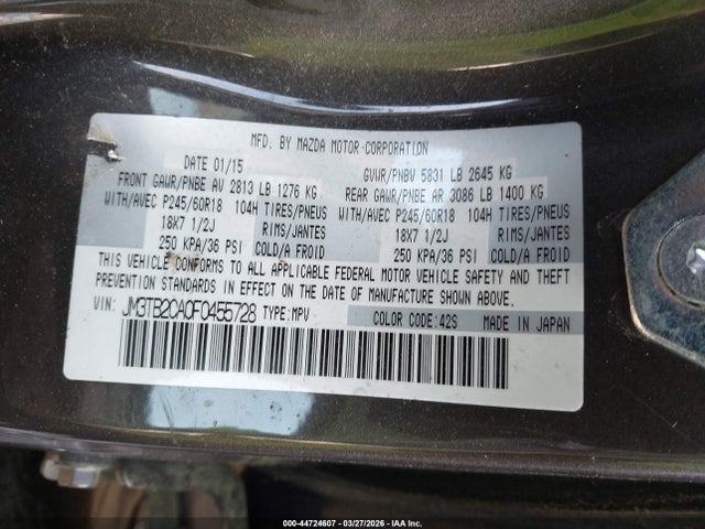 Aukcja sprzedaży 2015 Mazda Cx-9 Touring, vin: JM3TB2CA0F0455728, numer aukcji: 44724607