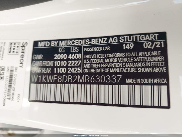 Продаж на аукціоні авто 2021 Mercedes-benz C 300 Sedan, vin: W1KWF8DB2MR630337, номер лоту: 44724608