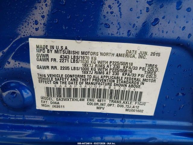 Продаж на аукціоні авто 2015 Mitsubishi Outlander Sport Se, vin: 4A4AP4AU9FE042924, номер лоту: 44724614
