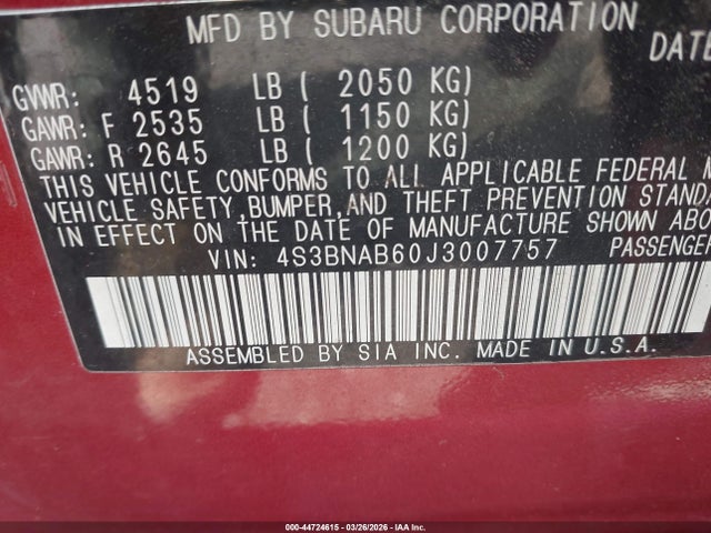2018 Subaru Legacy 2.5i მანქანა იყიდება აუქციონზე, vin: 4S3BNAB60J3007757, აუქციონის ნომერი: 44724615