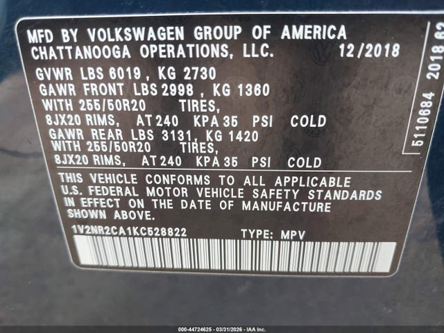 Продажа на аукционе авто 2019 Volkswagen Atlas 3.6l V6 Sel Premium, vin: 1V2NR2CA1KC528822, номер лота: 44724625