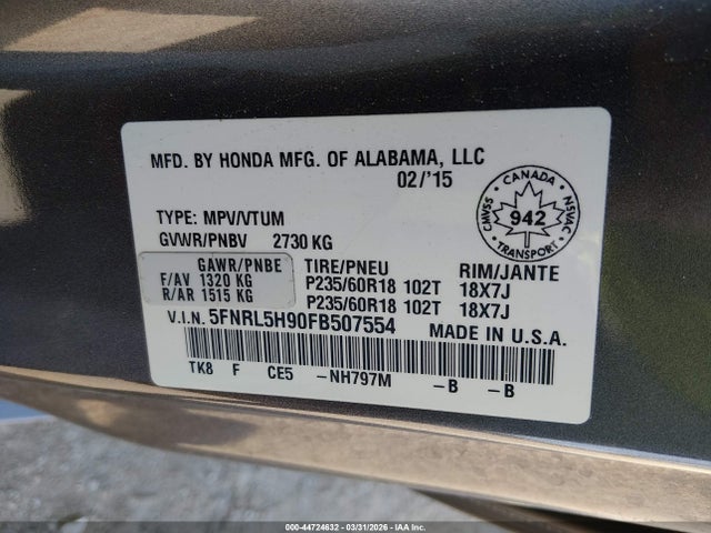 Продажа на аукционе авто 2015 Honda Odyssey Touring/touring Elite, vin: 5FNRL5H90FB507554, номер лота: 44724632