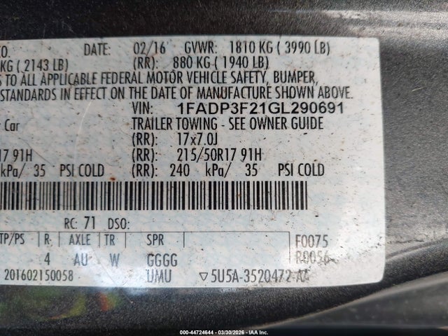 Продажа на аукционе авто 2016 Ford Focus Se, vin: 1FADP3F21GL290691, номер лота: 44724644