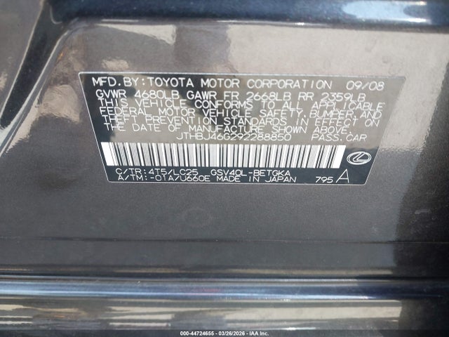 Продажа на аукционе авто 2009 Lexus Es 350, vin: JTHBJ46G292288850, номер лота: 44724655