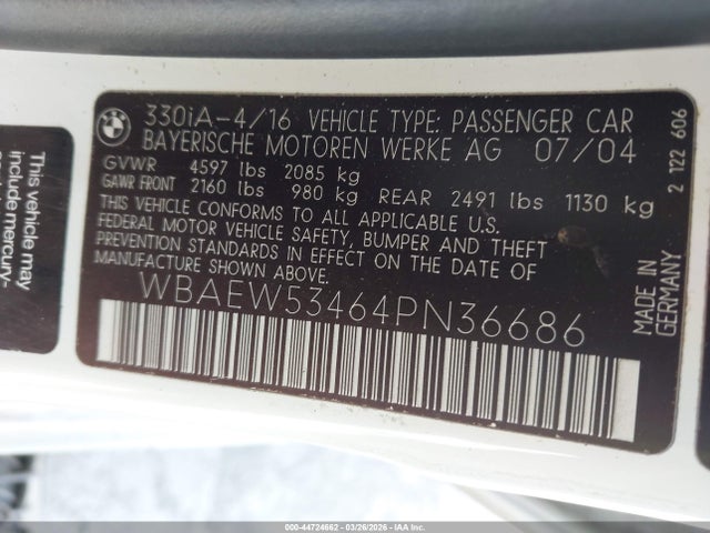 Продажа на аукционе авто 2004 Bmw 330xi, vin: WBAEW53464PN36686, номер лота: 44724662