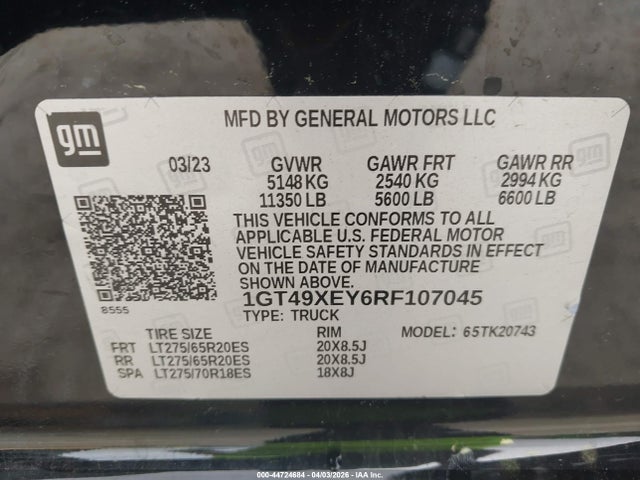 Aukcja sprzedaży 2024 Gmc Sierra 2500hd, vin: 1GT49XEY6RF107045, numer aukcji: 44724684
