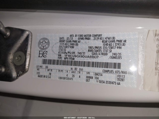 44724687 :رقم المزاد ، 1FMCU9GX9DUA55937 vin ، 2013 Ford Escape Se مزاد بيع