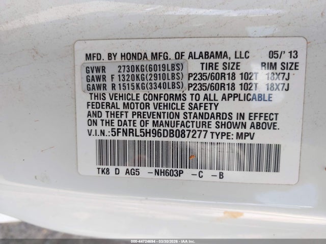 44724694 :رقم المزاد ، 5FNRL5H96DB087277 vin ، 2013 Honda Odyssey Touring/touring Elite مزاد بيع