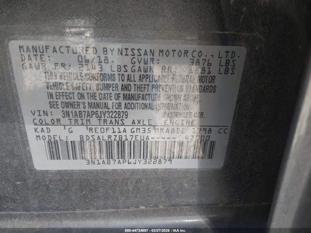Aukcja sprzedaży 2018 Nissan Sentra Sr, vin: 3N1AB7AP6JY322879, numer aukcji: 44724697