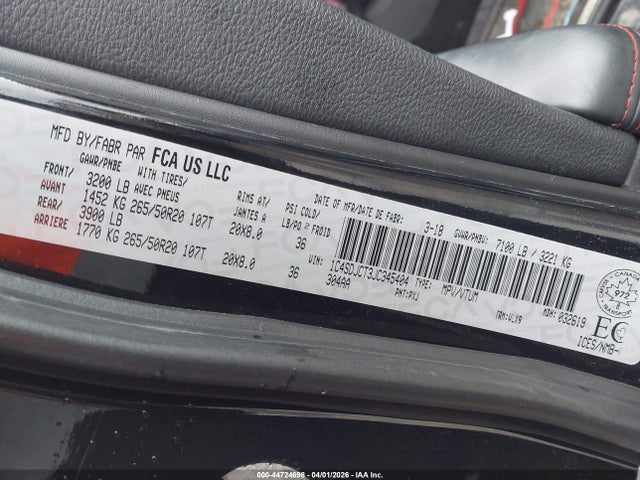 44724698 :رقم المزاد ، 1C4SDJCT3JC345404 vin ، 2018 Dodge Durango R/t مزاد بيع