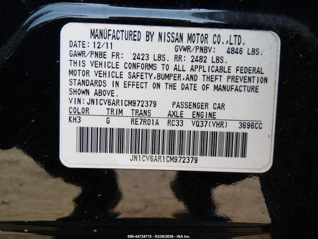 Aukcja sprzedaży 2012 Infiniti G37x, vin: JN1CV6AR1CM972379, numer aukcji: 44724715