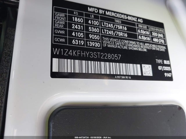 2025 Mercedes-benz Sprinter 2500 Standard Roof 4-cyl Diesel მანქანა იყიდება აუქციონზე, vin: W1Z4KFHY3ST228057, აუქციონის ნომერი: 44724724