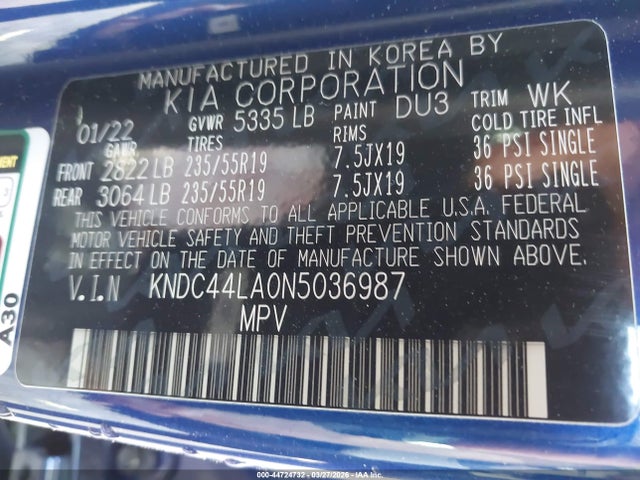 Aukcja sprzedaży 2022 Kia Ev6 Gt-line, vin: KNDC44LA0N5036987, numer aukcji: 44724732