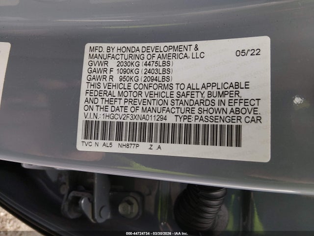 Продаж на аукціоні авто 2022 Honda Accord Sport 2.0t, vin: 1HGCV2F3XNA011294, номер лоту: 44724734