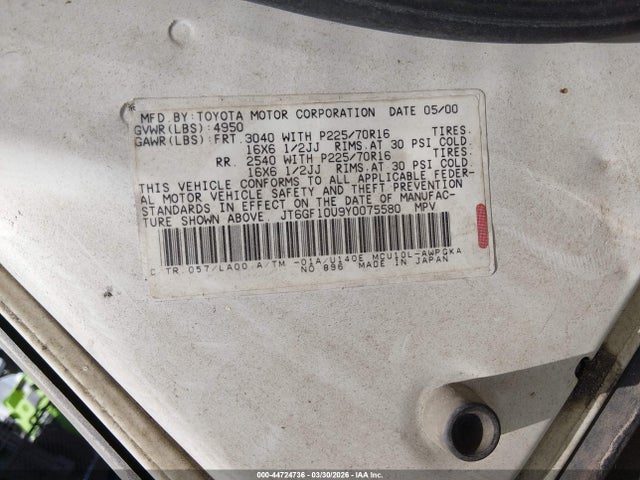 Aukcja sprzedaży 2000 Lexus Rx 300, vin: JT6GF10U9Y0075580, numer aukcji: 44724736