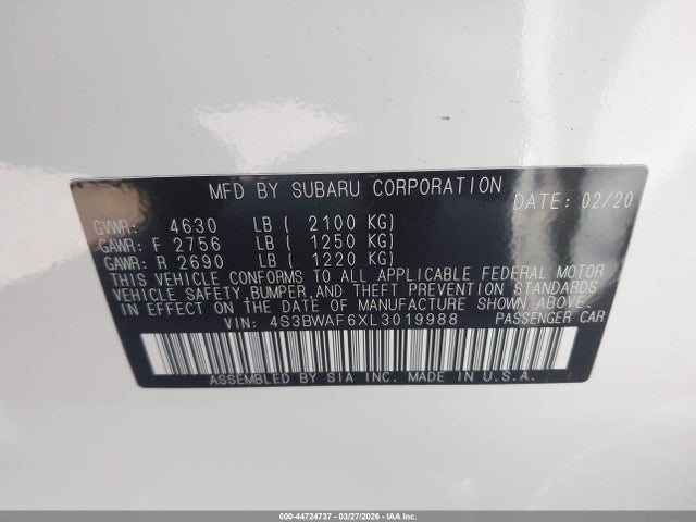 44724737 :رقم المزاد ، 4S3BWAF6XL3019988 vin ، 2020 Subaru Legacy Sport مزاد بيع