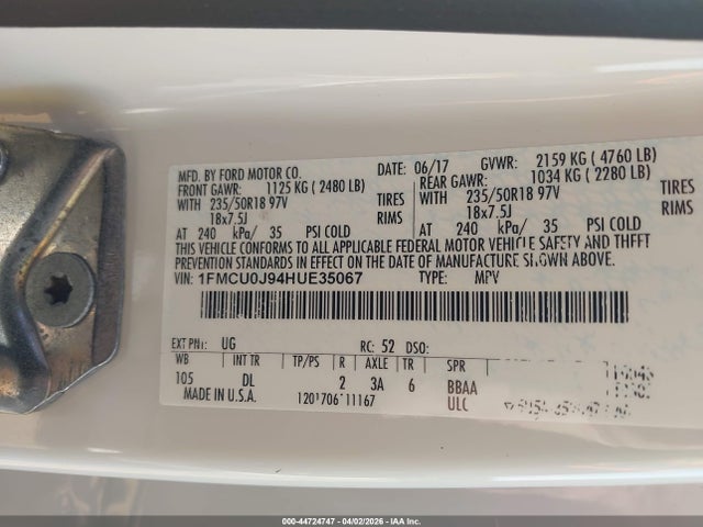 44724747 :رقم المزاد ، 1FMCU0J94HUE35067 vin ، 2017 Ford Escape Titanium مزاد بيع
