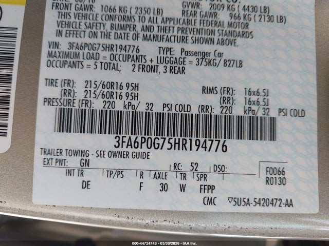 Aukcja sprzedaży 2017 Ford Fusion S, vin: 3FA6P0G75HR194776, numer aukcji: 44724748