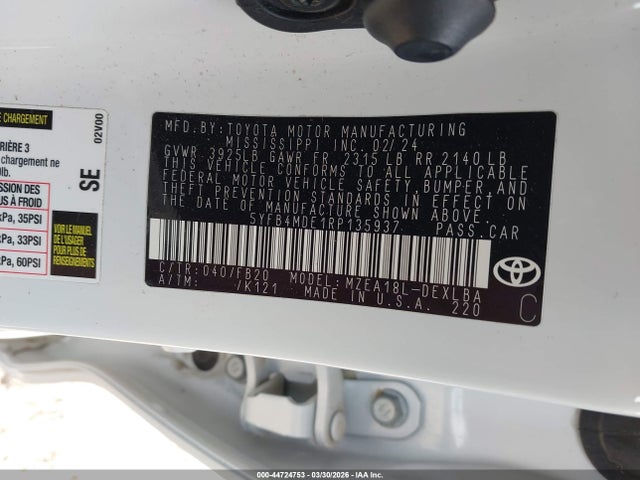 Продаж на аукціоні авто 2024 Toyota Corolla Le, vin: 5YFB4MDE1RP135937, номер лоту: 44724753