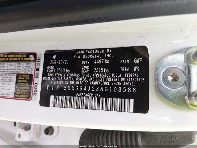 2022 Kia K5 Gt-line მანქანა იყიდება აუქციონზე, vin: 5XXG64J23NG108588, აუქციონის ნომერი: 44724793