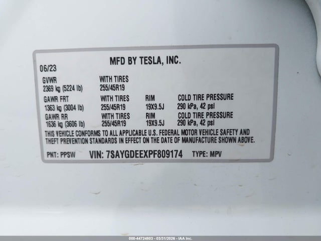 Продаж на аукціоні авто 2023 Tesla Model Y Awd/long Range Dual Motor All-wheel Drive, vin: 7SAYGDEEXPF809174, номер лоту: 44724803
