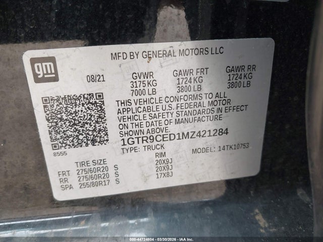 44724804 :رقم المزاد ، 1GTR9CED1MZ421284 vin ، 2021 Gmc Sierra 1500 4wd  Standard Box Elevation مزاد بيع