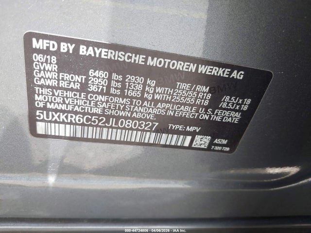 44724806 :رقم المزاد ، 5UXKR6C52JL080327 vin ، 2018 Bmw X5 Xdrive50i مزاد بيع