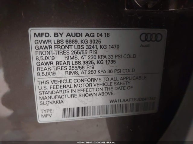 44724807 :رقم المزاد ، WA1LAAF7XJD041342 vin ، 2018 Audi Q7 3.0t Premium مزاد بيع