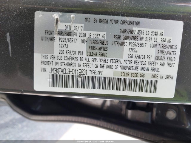 44724815 :رقم المزاد ، JM3KFACL3H0119831 vin ، 2017 Mazda Cx-5 Touring مزاد بيع