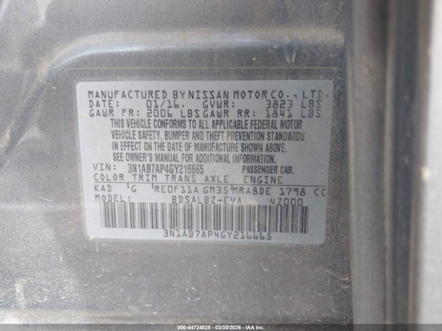 44724828 :رقم المزاد ، 3N1AB7AP4GY216665 vin ، 2016 Nissan Sentra Fe+ S/s/sl/sr/sv مزاد بيع