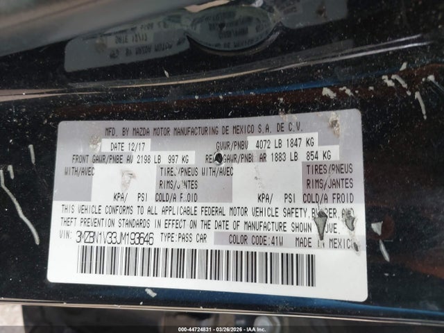Продажа на аукционе авто 2018 Mazda Mazda3 Touring, vin: 3MZBN1V33JM193646, номер лота: 44724831
