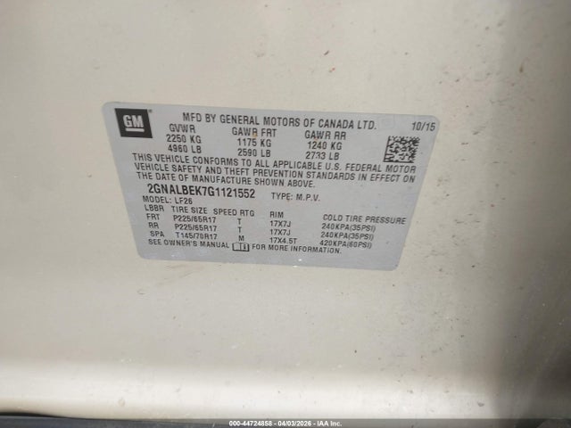44724858 :رقم المزاد ، 2GNALBEK7G1121552 vin ، 2016 Chevrolet Equinox Ls مزاد بيع
