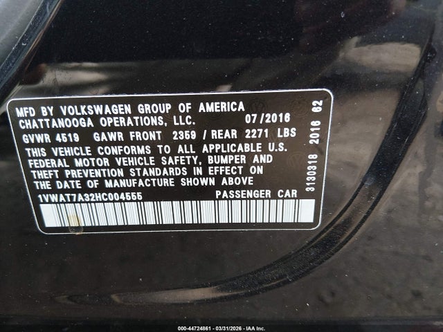 Продаж на аукціоні авто 2017 Volkswagen Passat 1.8t S, vin: 1VWAT7A32HC004555, номер лоту: 44724861
