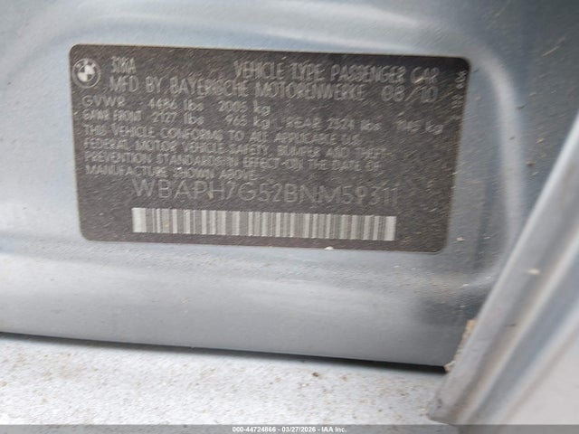 44724866 :رقم المزاد ، WBAPH7G52BNM59311 vin ، 2011 Bmw 328i مزاد بيع