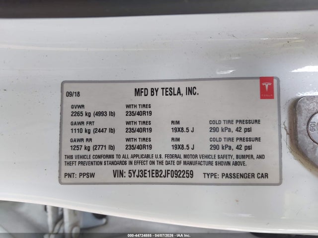 2018 Tesla Model 3 Long Range/performance მანქანა იყიდება აუქციონზე, vin: 5YJ3E1EB2JF092259, აუქციონის ნომერი: 44724885