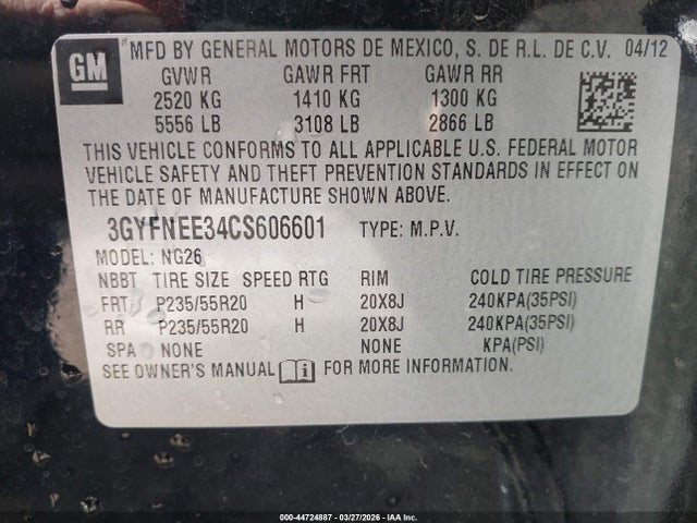 Aukcja sprzedaży 2012 Cadillac Srx Performance Collection, vin: 3GYFNEE34CS606601, numer aukcji: 44724887