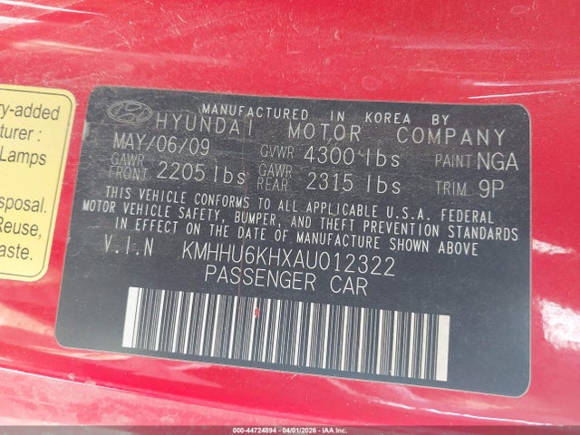 44724894 :رقم المزاد ، KMHHU6KHXAU012322 vin ، 2010 Hyundai Genesis 3.8 Track مزاد بيع
