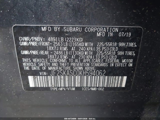 Aukcja sprzedaży 2019 Subaru Forester Limited, vin: JF2SKASC0KH594062, numer aukcji: 44724896
