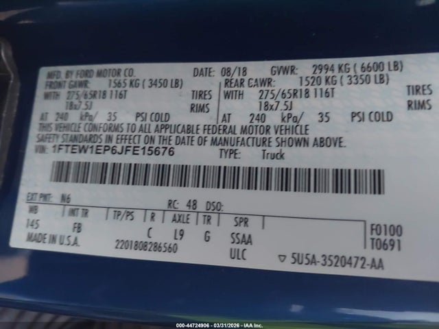 Продажа на аукционе авто 2018 Ford F-150 Xlt, vin: 1FTEW1EP6JFE15676, номер лота: 44724906