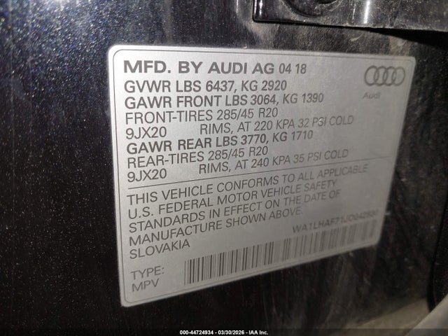 Продажа на аукционе авто 2018 Audi Q7 2.0t Premium, vin: WA1LHAF71JD042830, номер лота: 44724934