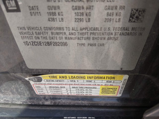 44724953 :رقم المزاد ، 1G1ZC5E12BF282096 vin ، 2011 Chevrolet Malibu 1lt مزاد بيع
