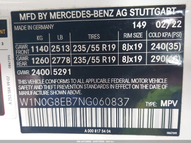 Aukcja sprzedaży 2022 Mercedes-benz Glc 300 4matic Suv, vin: W1N0G8EB7NG060837, numer aukcji: 44724966