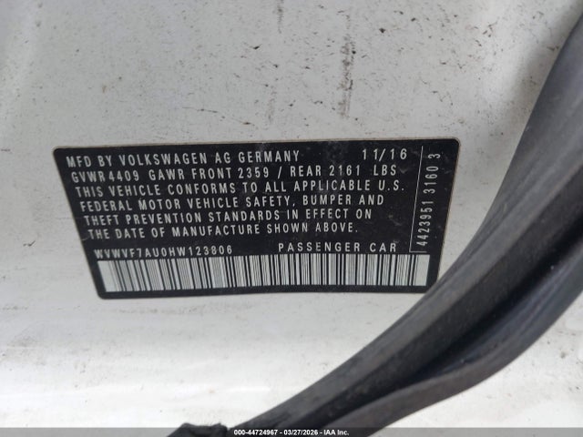 44724967 :رقم المزاد ، WVWVF7AU0HW123806 vin ، 2017 Volkswagen Golf R 4-door W/dcc   Navigation مزاد بيع
