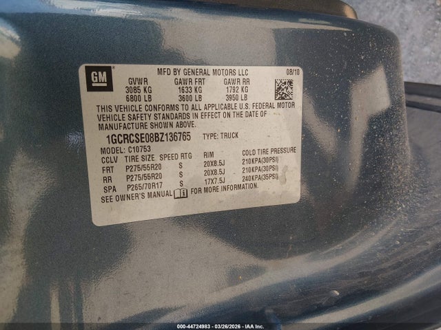 Aukcja sprzedaży 2011 Chevrolet Silverado 1500 Lt, vin: 1GCRCSE08BZ136765, numer aukcji: 44724983