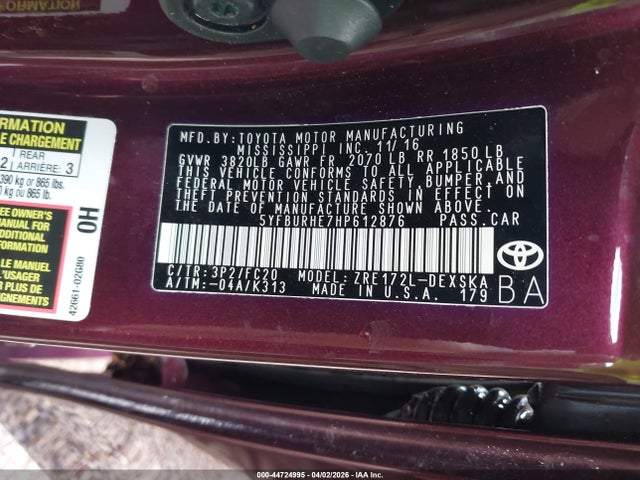 Продажа на аукционе авто 2017 Toyota Corolla Se Special Edition, vin: 5YFBURHE7HP612876, номер лота: 44724995