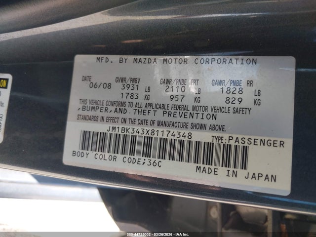 44725002 :رقم المزاد ، JM1BK343X81174348 vin ، 2008 Mazda Mazda3 مزاد بيع