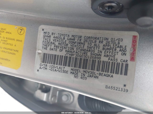 44725021 :رقم المزاد ، JTHBF30G030126898 vin ، 2003 Lexus Es 300 مزاد بيع