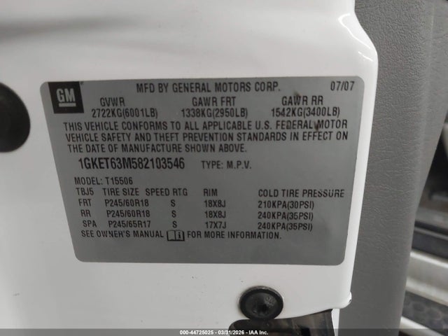 2008 Gmc Envoy Denali მანქანა იყიდება აუქციონზე, vin: 1GKET63M582103546, აუქციონის ნომერი: 44725025